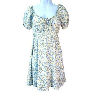 Hollister Smocked Milkmaid Mini Dress Floral Blue Yellow Size M